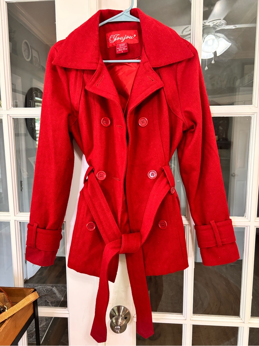 Jou Jou Red Double-Breasted Belted Pea Coat Size Medium